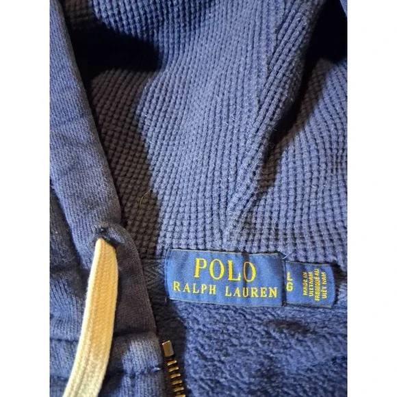 Polo Ralph Lauren Full Zip Fleece Lined Hoodie Navy Blue White Pony Logo Sz L - Picture 4 of 6